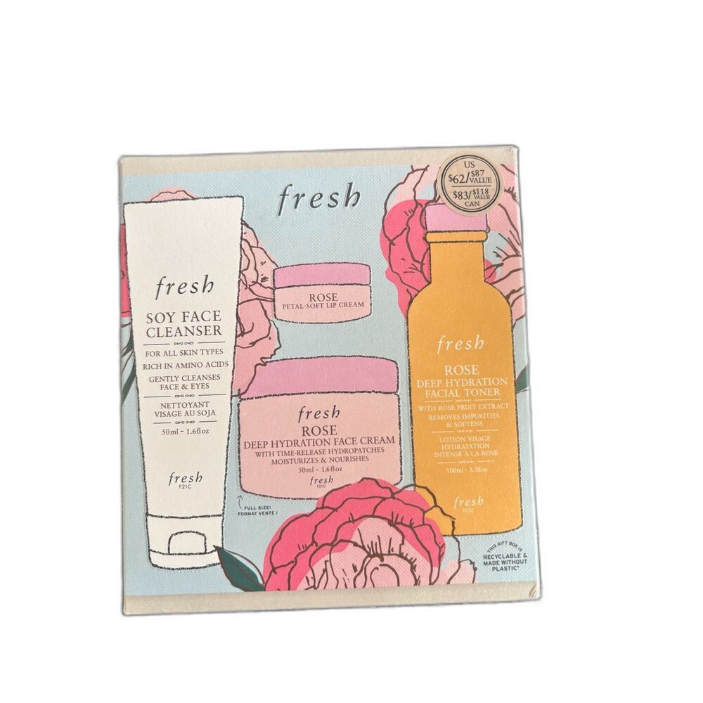 Fresh Rose Deep Hydration Skincare Kit w/Rose Lip, Face cream, and facial toner